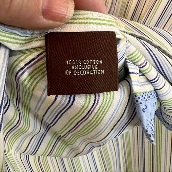 Tailorbyrd Shirt Men’s Short Sleeve Blue Green Stripe Sz 3XLT Contrasting Collar - Picture 4 of 6